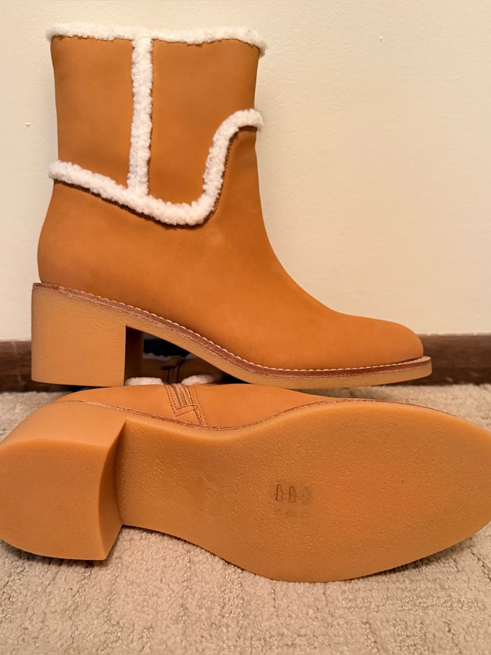 NEW JCrew Women's Tan Shearling-Trim Suede Ankle Boots- Burnt Aramel